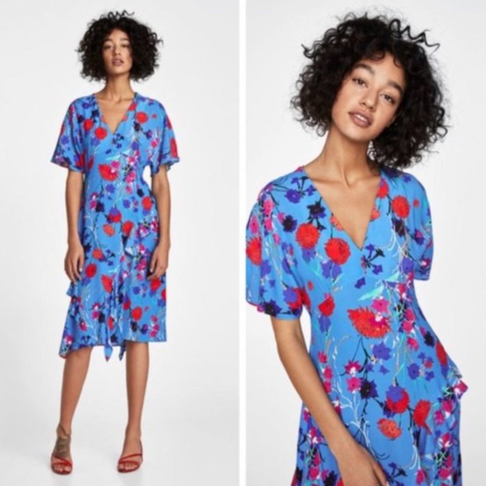 Zara Blue Floral Flutter Sleeve Midi Dress, XS